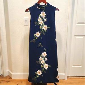 Sharagano Sleeveless Flower Printed Navy Blue Dress